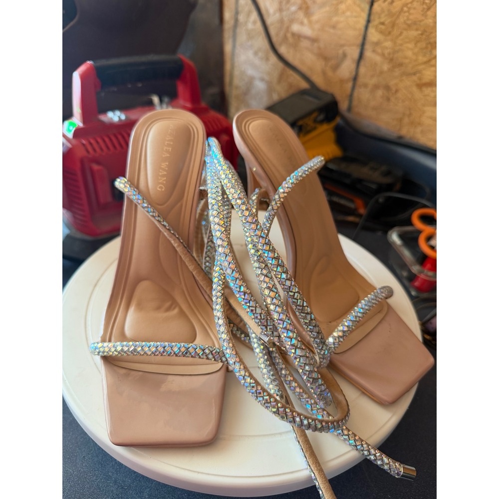 Azalea Wang Nude Patent Rhinestone Wrap Around Stiletto Heels Square Toe 6.5